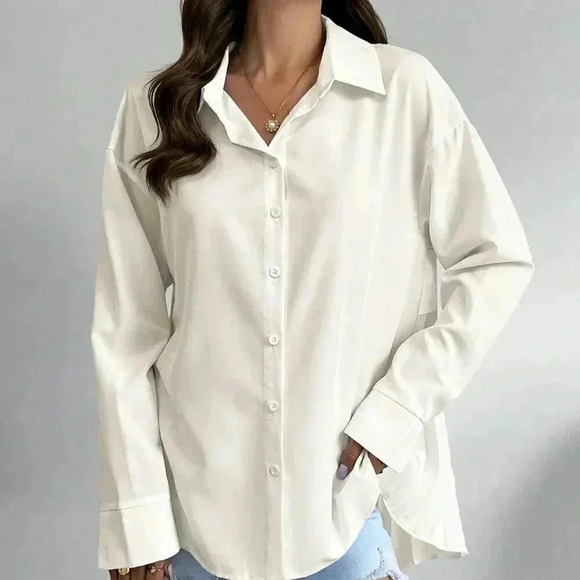 Apricot Casual Women's Solid Color Drop Shoulder Long Sleeve Back Pleated Shirt - Picture 1 of 5